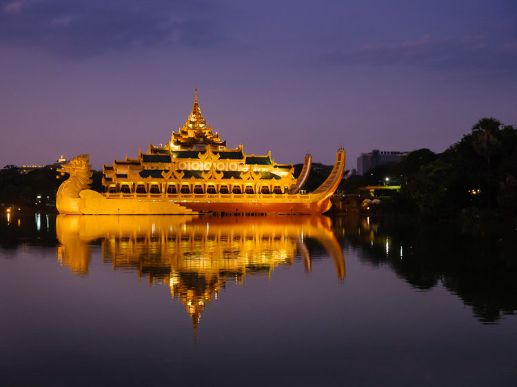 Karaweik Hall as viewed from Kandawgyi Lake in Yangon
