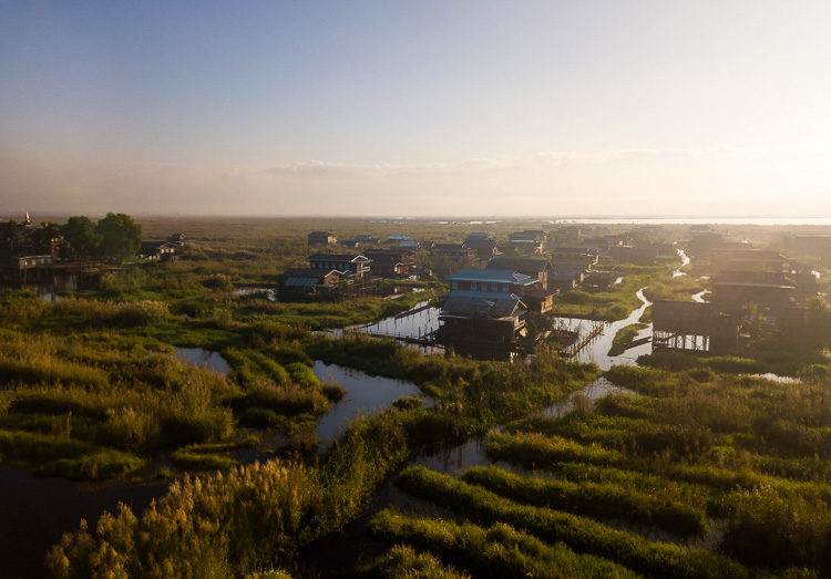 Sunrise over Inle Lake villages