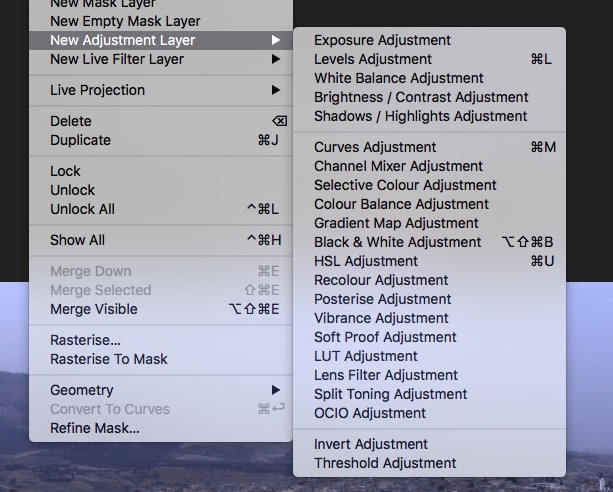 screenshot showing Affinity photo editing software adjustment layer options