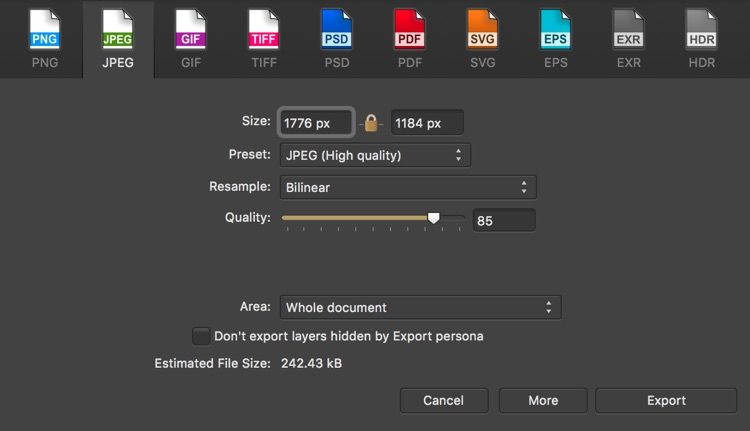 export dialog box for Affinity photography software