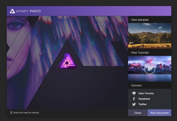 affinity photo editor opening screen