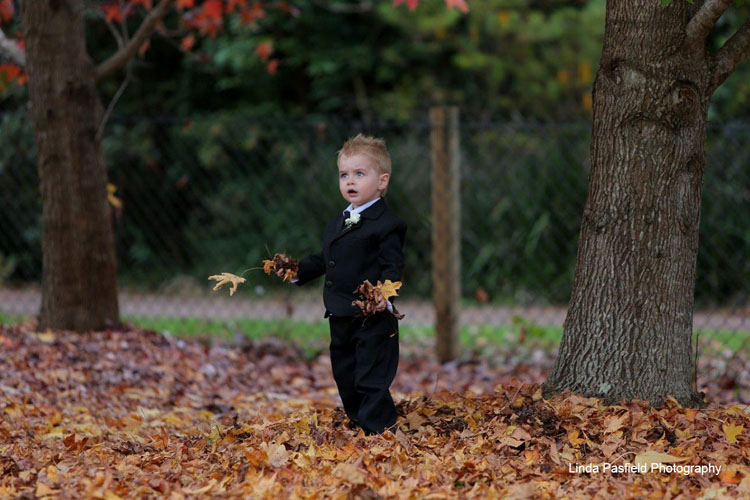young boy having his portrait taken while playing in the leaves on a fall day