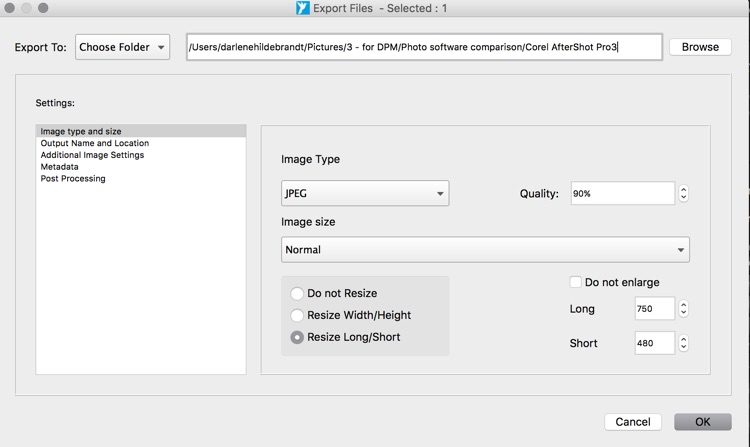 Corel AfterShot Pro3 export files dialog box