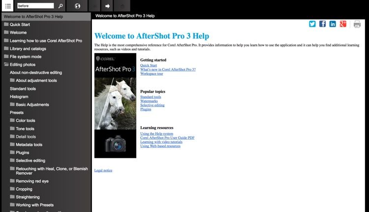Corel AfterShot Pro3 help and support interface