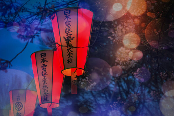 Japanese lanterns with bokeh overlay effect applied