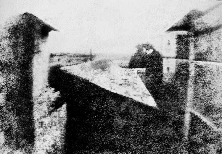 the first photograph ever taken by Joseph Nicephore Niepce, inventing heliography