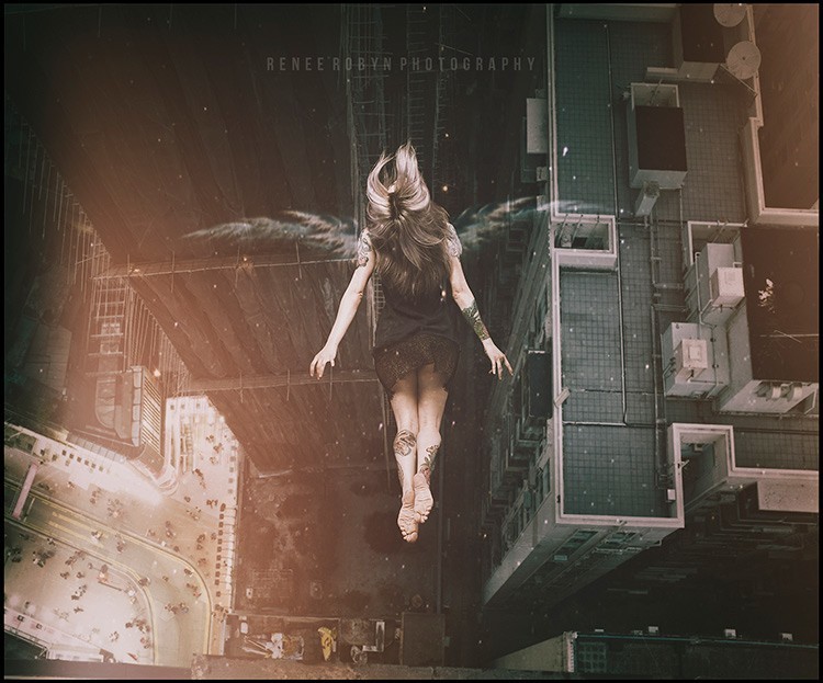 girl appears to be floating over a cityscape in this digital fantasy art
