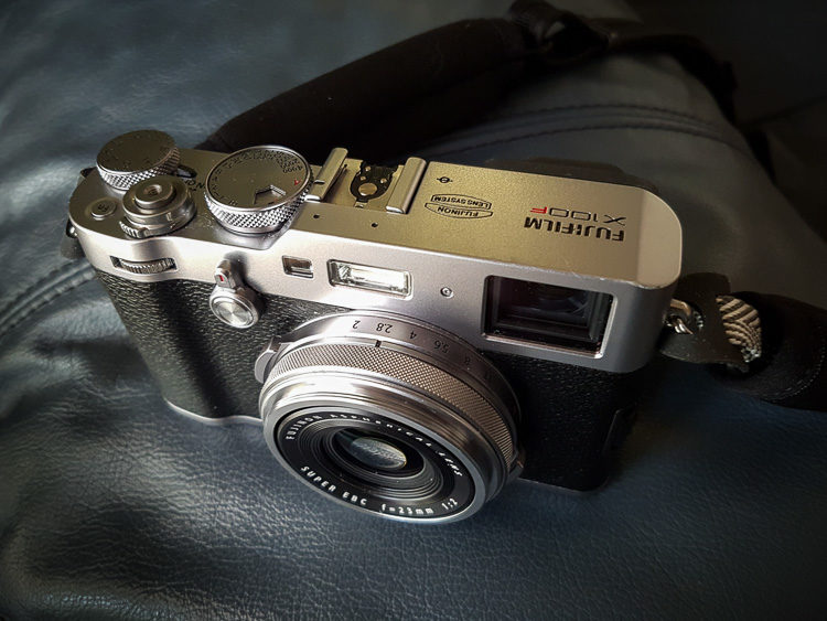 Fujifilm x100f mirrorless camera as seen from above
