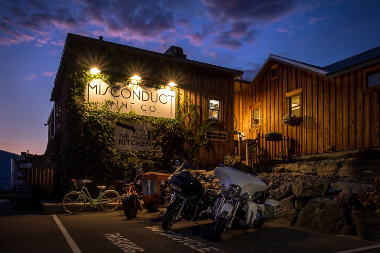 HDR photo of Misconduct Wine Co building at blue hour