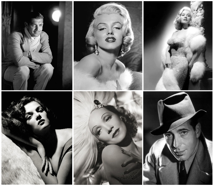 a collection of George Hurrell's iconic black and white Hollywood portrait photographs