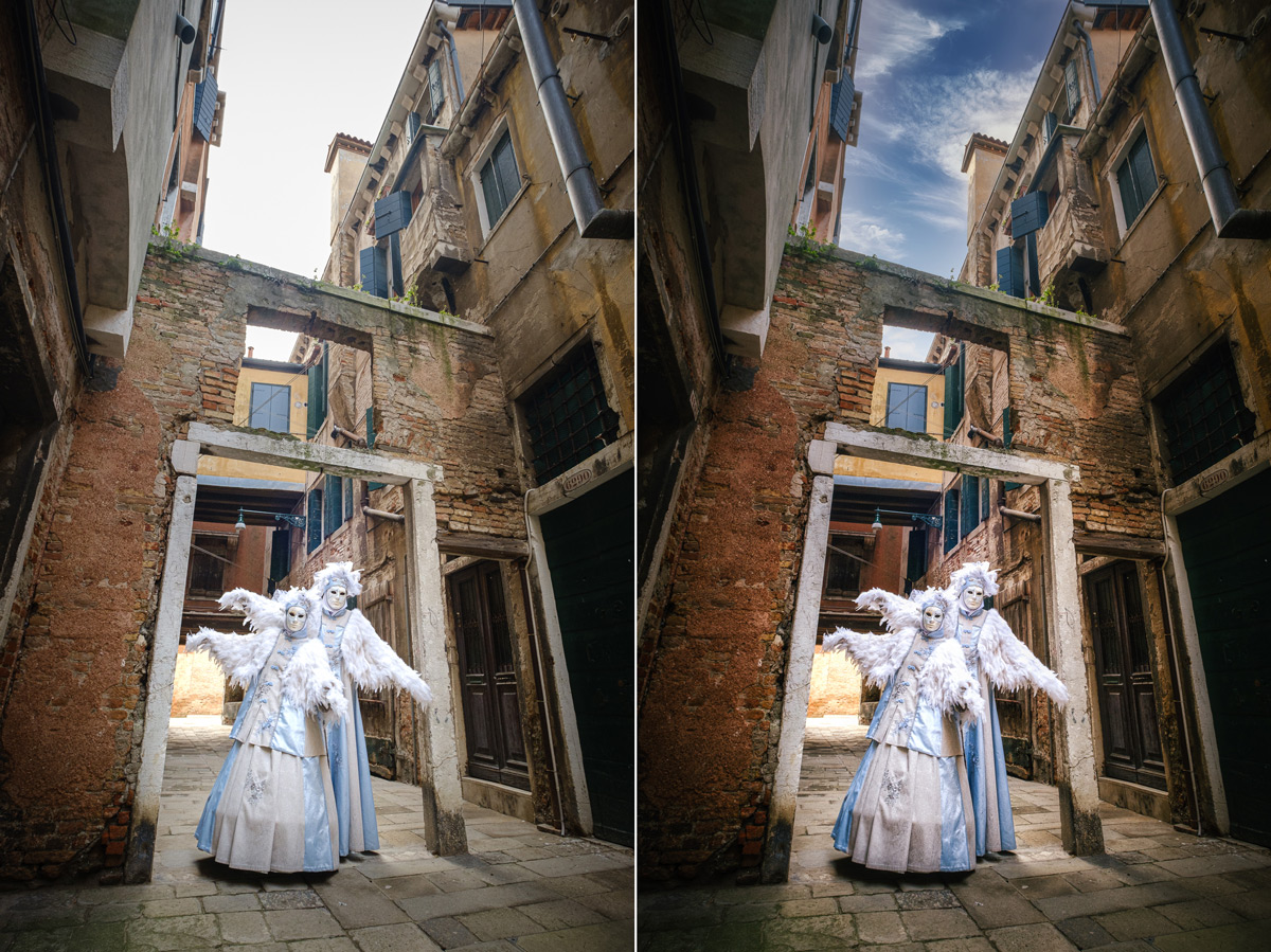 a side by side example of a sky replacement before and after