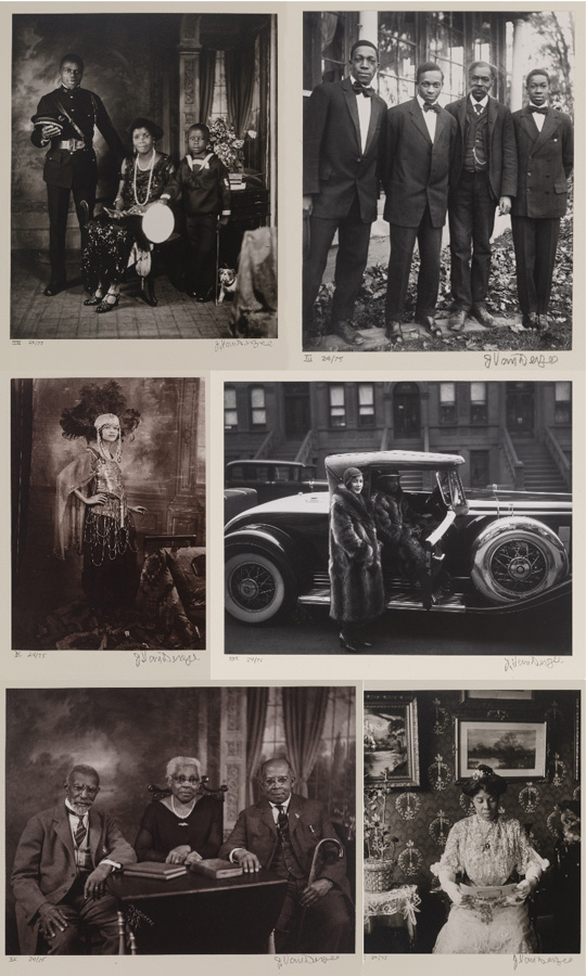 a sample of historical black and white and sepia tone portrait photos of 1920's middle-class African-American families and celebrities taken by James Van Der Zee