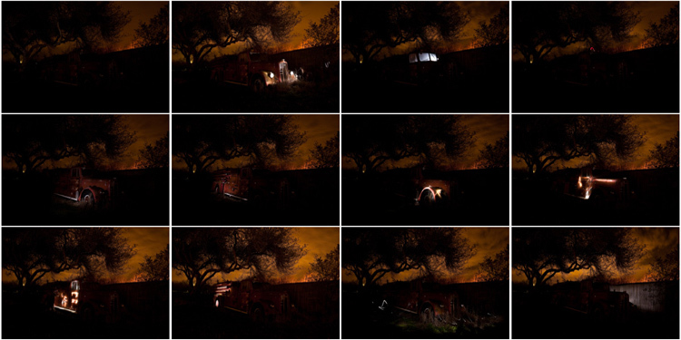 contact sheet showing 20 light painted images of a classic fire truck used in a light painted final image