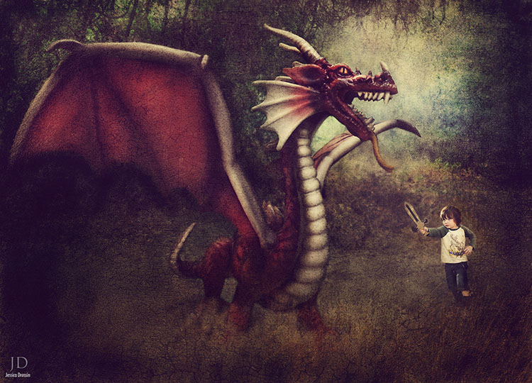 composite photo of my kid fighting an imaginary dragon