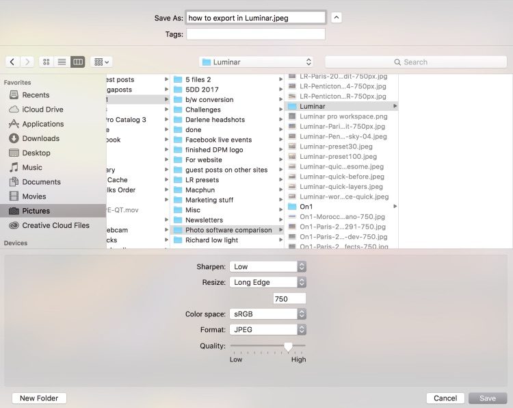 screenshot of how to export from Luminar photo editor software