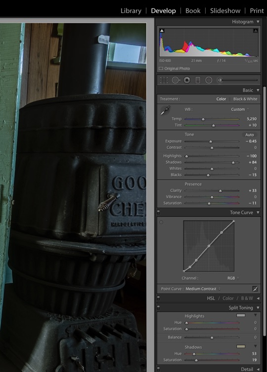 Screenshot of Lightroom Develop settings used for global adjustments on HDR image