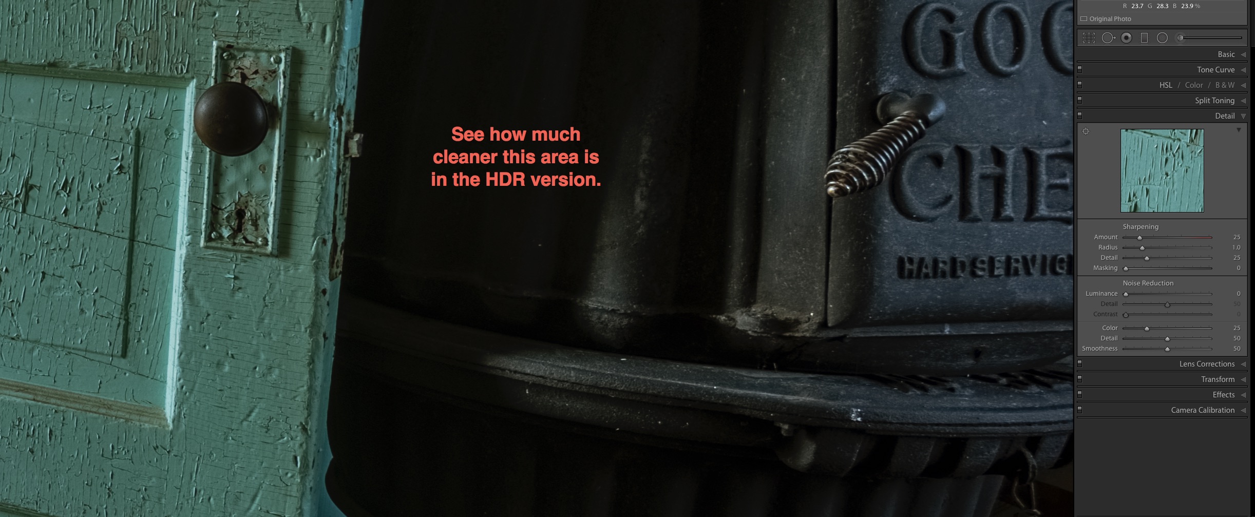 Noise levels in HDR from 5 bracketed exposures at 100% zoom 100% zoom view showing cleaner shadows in HDR image from multiple bracketed exposures