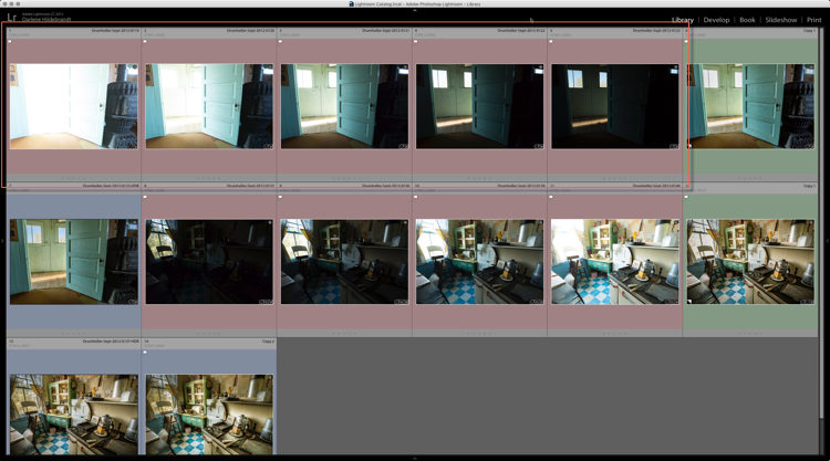 Lightroom Library module with HDR bracketed shots flagged in red for easy selection