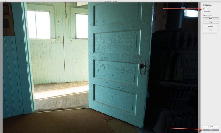 Lightroom HDR merge preview dialog with Auto Align and Auto Tone options