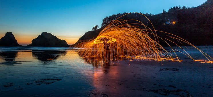 Night photography fire spinning