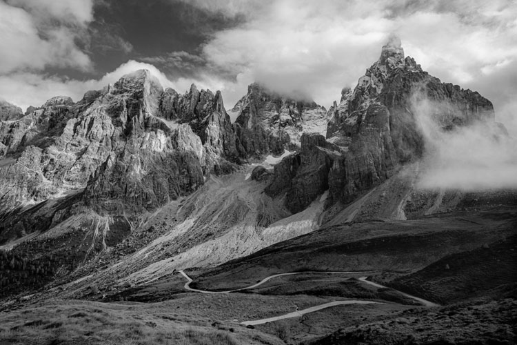 Black and white photo of the Pale San Martino mountains in Italian Dolomites