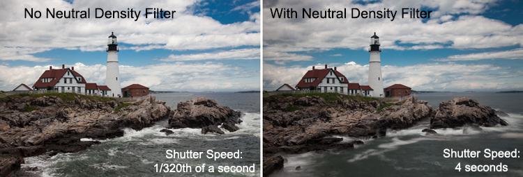 Example of the same shots taken with and without a neutral density filter - taken at the Portland Head Light in Maine