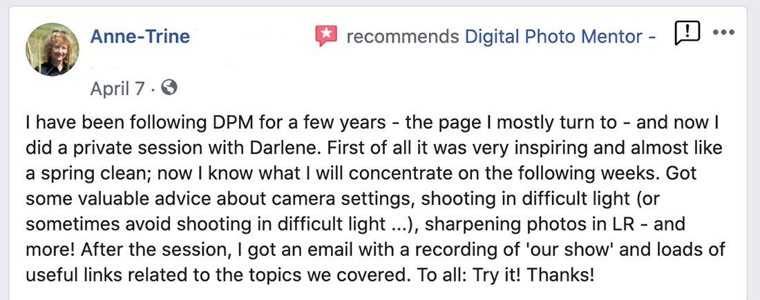 photography tutoring testimonial of Anne-Trine