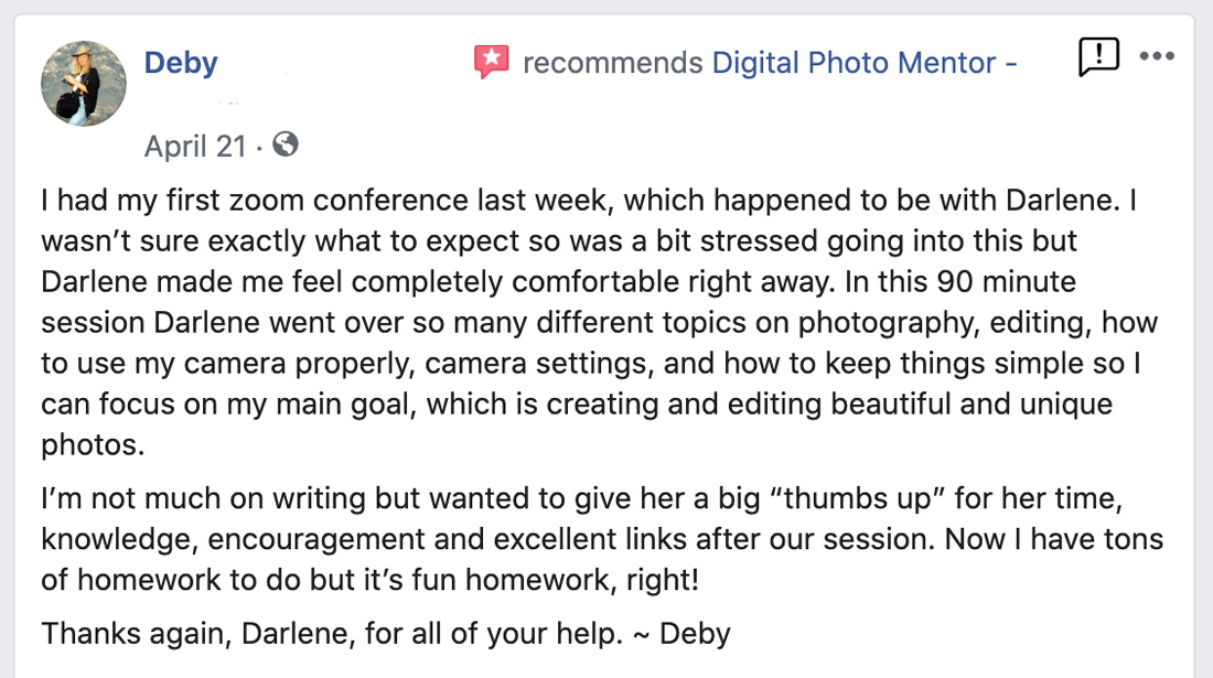 photography tutoring testimonial by Deby