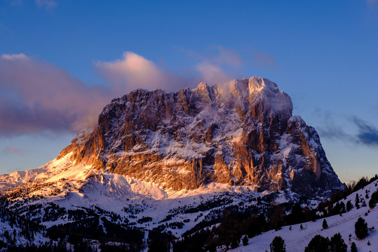 Sassolungo mountains at sunrise