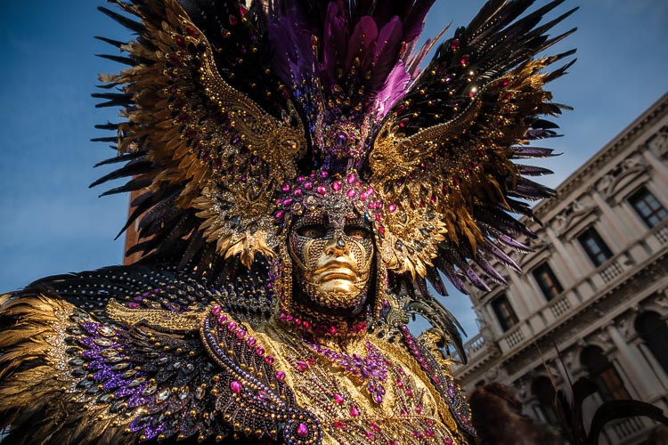 a photo showcasing the elaborate nature and detail in the masks and costumes at Carnival - Model Paolo Favalesi