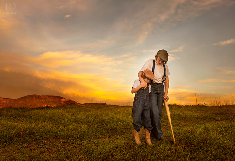 family photos idea of a vintage baseball scene. Two kids with a baseball bat and old hats makes for a nice family portrait