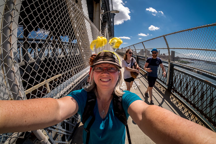 Author self portrait on a bridge in New York City using a wide angle lens