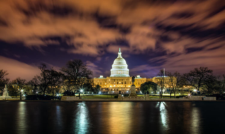a photo of Washington DC at night with these exposure settings: Shutter Speed: 30 seconds; Aperture: f/16; ISO 400.
