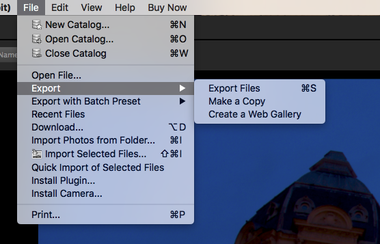 Corel AfterShot Pro3 export menu screenshot