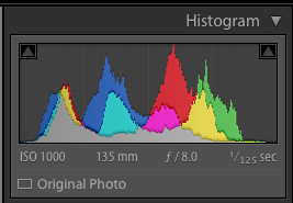 Camera histogram showing low contrast scene with no clipping