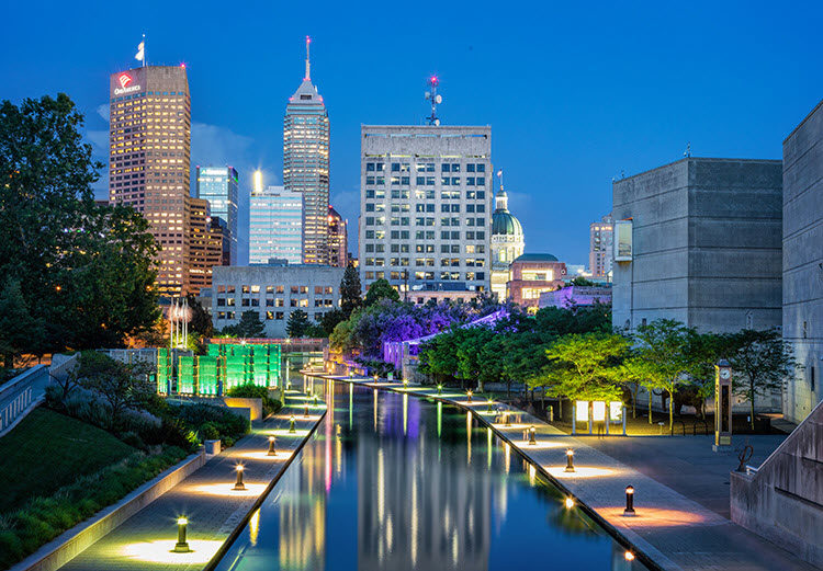 Indianapolis skyline at night with long exposure, 30 seconds at f/16, ISO 400.