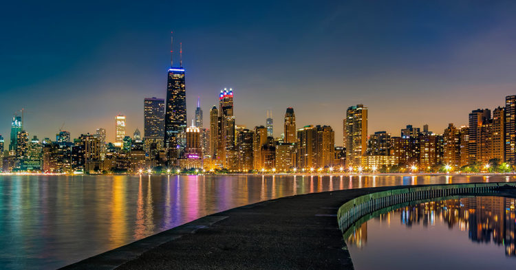 Night photo of Chicago skyline with exposure of 8 seconds, f/11, ISO 400.