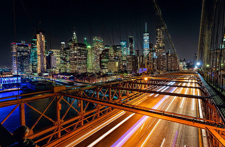 Brooklyn Bridge at night with car trails exposed at 1.6 seconds, f/8, ISO 800.