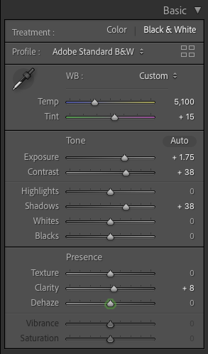 Lightroom adjustment panel showing exposure and shadows settings for images above