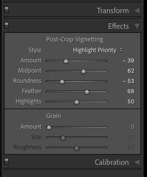 Lightroom effect post crop vignette settings