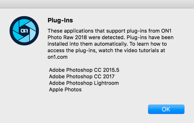 On1 Photo Raw 2018 plugin detection screenshot