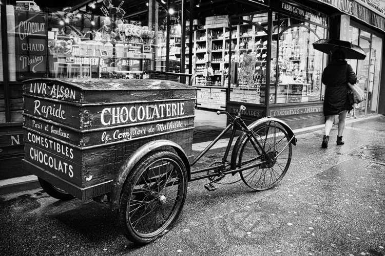 Same chocolate delivery bicycle from France edited to black and white to further enhance the contrast