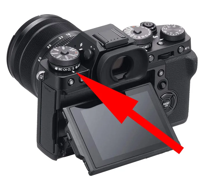 Fuji drive modes are on the left hand dial