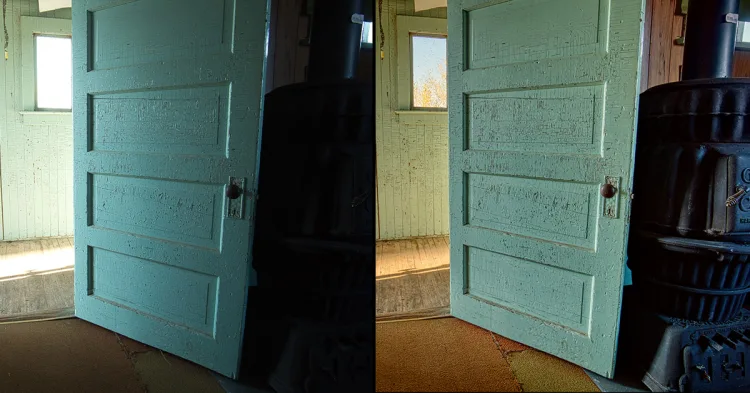 two photos of a building entrance but one is hdr and the other is not