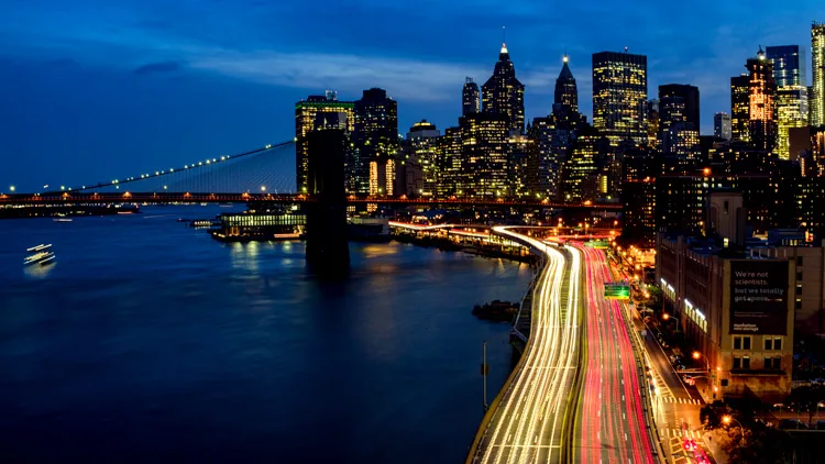 The finished New York City skyline photo during blue hour after Color Harmony and the Color tool were used