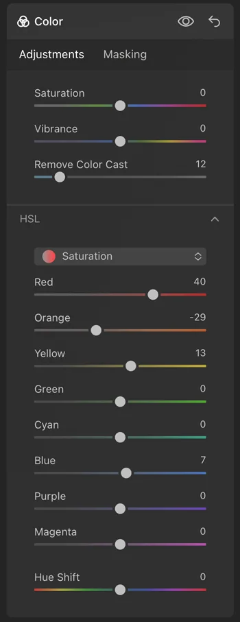Screenshot of the Luminar Neo Color tool panel 